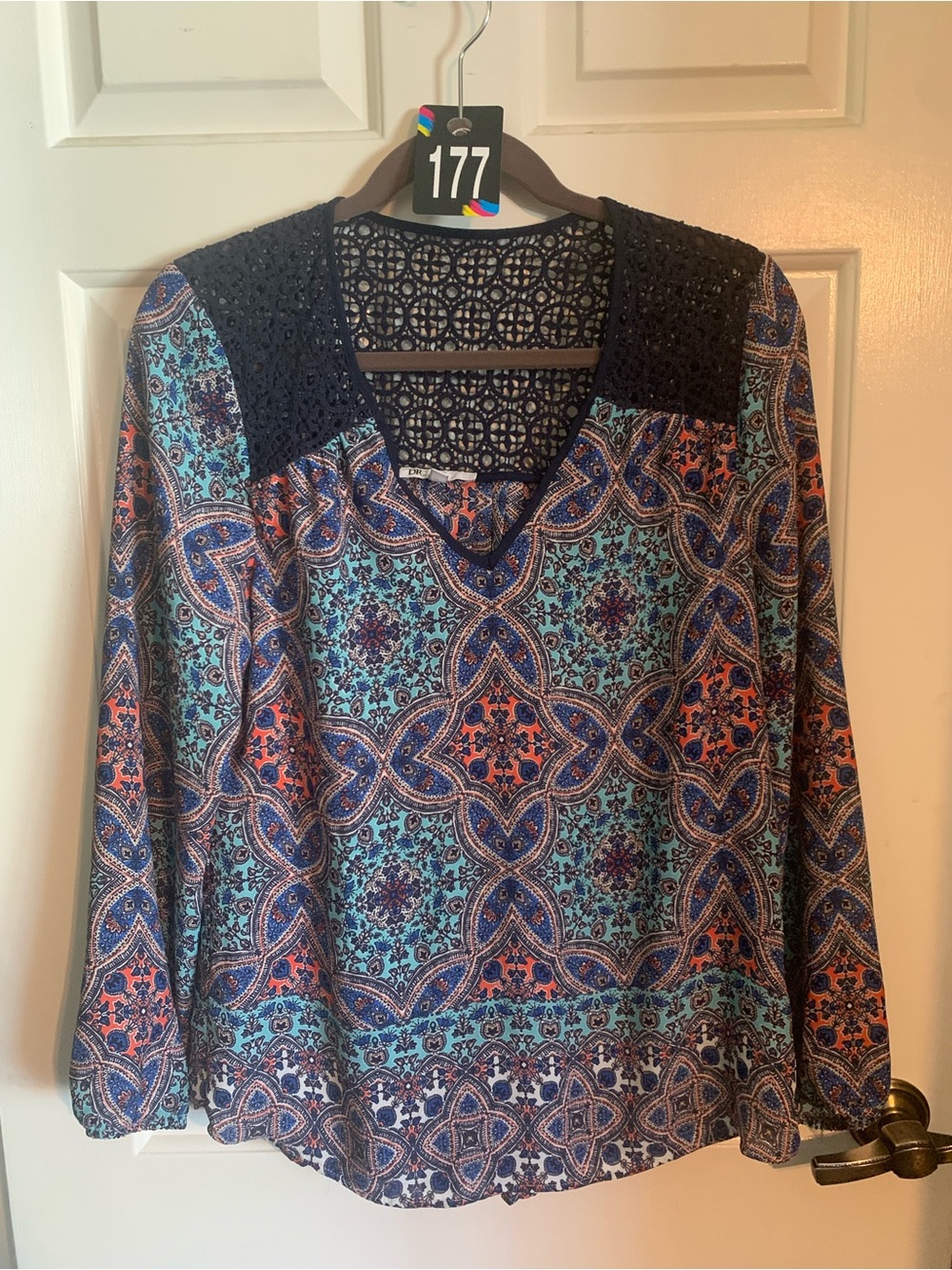DR2 Teal, Navy & Coral Paisley Crochet-Yoke Long Sleeve Top